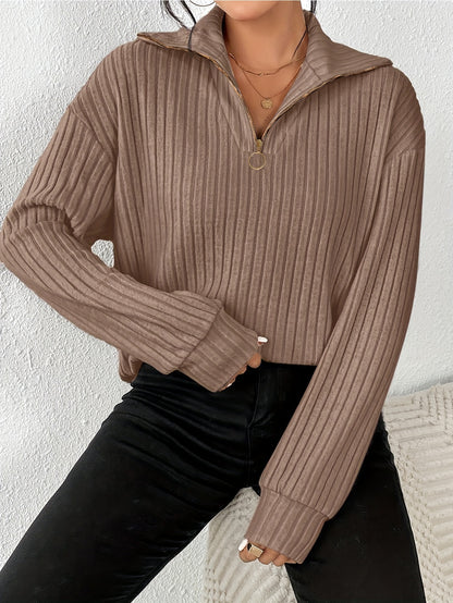 [Everyday Elegance] Women's Elegant Ribbed Knit Collared T-Shirt - Black, Long Sleeve, Zip-Up Design, Soft Polyester Blend, Machine Washable, Perfect for Spring & Fall, Ladies T Shirts