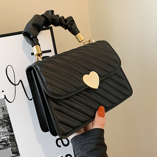 Women'S Fashion Shoulder Bag, Korean Version, Faux Leather, Quilted Solid Color, Heart Accent, Removable Strap, Magnetic Closure, Synthetic Faux Leather Lining, Painted Edges, Versatile Crossbody Purse - Available in Black, R