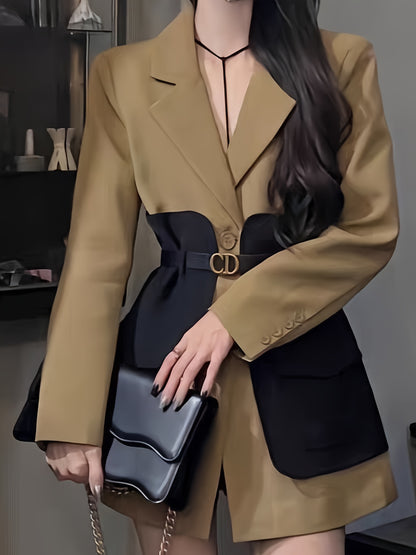 Կանացի էլեգանտ Midi Blazer, միաձույլ գույնի պոլիեսթեր 100% երկարաթև բաճկոն գոտիով դետալներով, X-Contour միայնակ կրծքով վերարկու, գարուն/ամառ նորաձև վերարկու