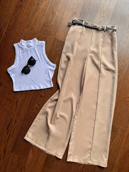 Summer Sexy Half-Turtleneck Sleeveless Vest + Versatile Western Flare Pants Set with Belt