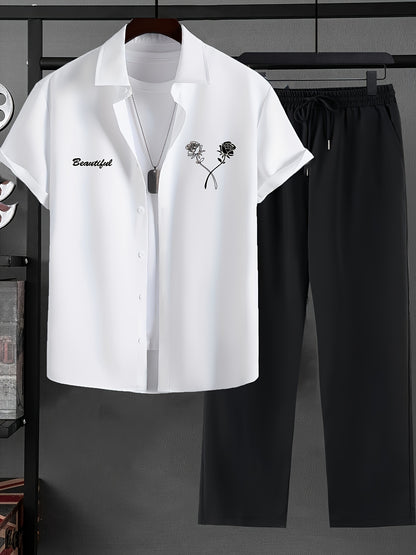 Men's Summer Breathable Comfort Rose Print Short Sleeve Shirt and Pants Set