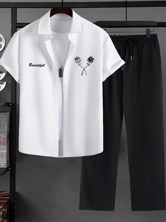 Men's Summer Breathable Comfort Rose Print Short Sleeve Shirt and Pants Set