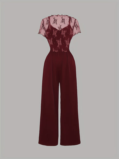 Elegant Mesh Long Sleeve Crop Top & Bodycon Wide-Leg Jumpsuit Set - Chic V-Neck, Ruched Detail, Black Mesh Blouse with Spaghetti Straps, Wide Leg Pants for Spring/Summer, Women'S Fashion, Clothing | Relaxed Fit | Chic Desig