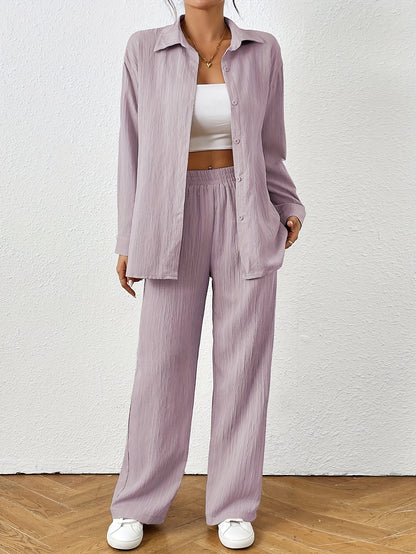 2pcs Women Spring & Autumn Casual Solid Color Long Sleeve Shirt And Pants Set