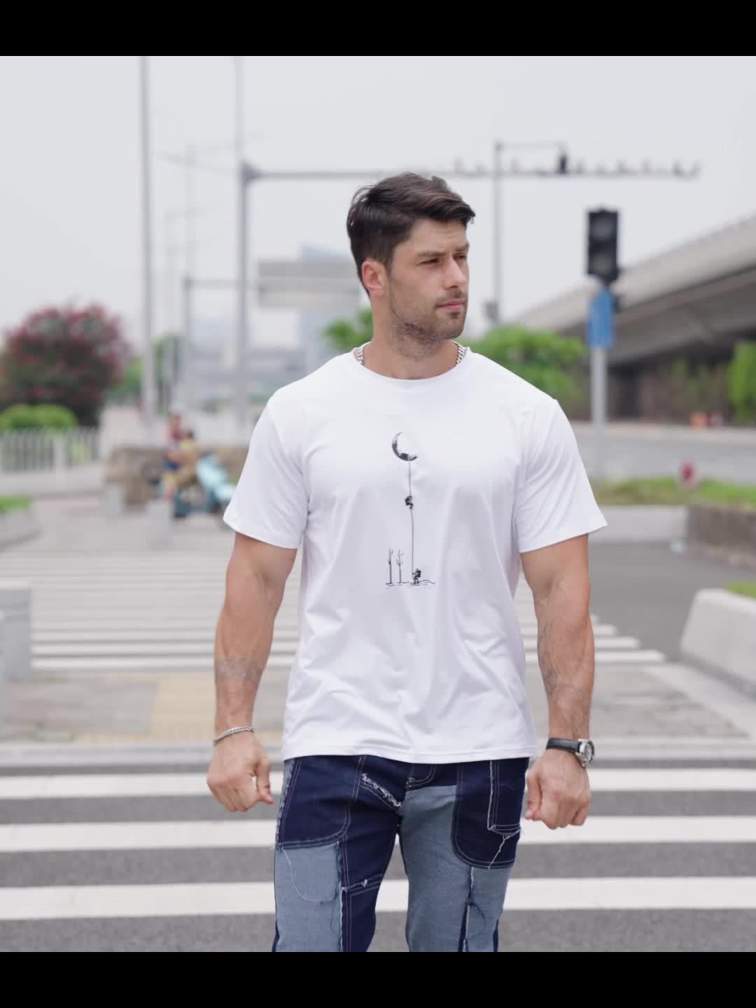 Men's Casual Graphic T-Shirt - Soft Polyester Blend, Crew Neck, Short Sleeve, Summer Style with Unique Moon and Figures Print, Lightweight and Comfortable for Casual Attire, Everyday Tshirt | Artistic Design Shirt | Lightweig