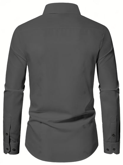 Elegant Men's Solid Color Long Sleeve Dress Shirt with Stylish Contrast Trim - 100% Polyester, Button-Up, Machine Washable - Ideal for Formal & Semi-Formal Occasions