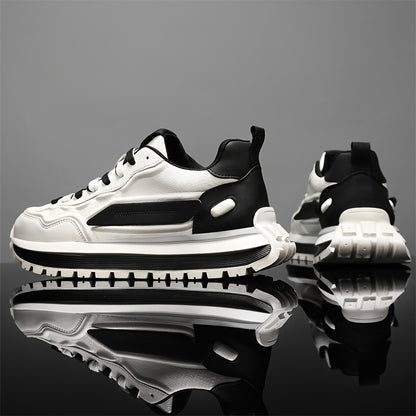 Men's Breathable Casual Sneakers - Trendy Low-Top Lace-Up Sneakers with Soft Rubber Sole, White & Black Design for Spring/Summer, Perfect for Running and Casual Attire, Versatile Running Footwear | Sporty Aesthetic Shoes | Co
