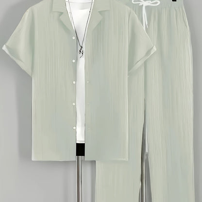 2pcs Men'S Casual Summer Set - Short Sleeve Button-Up Cuban Collar Shirt and Drawstring Waist Pants, Polyester Blend, Solid Color, Regular Fit, Breathable Fabric, Lightweight for Daily Wear
