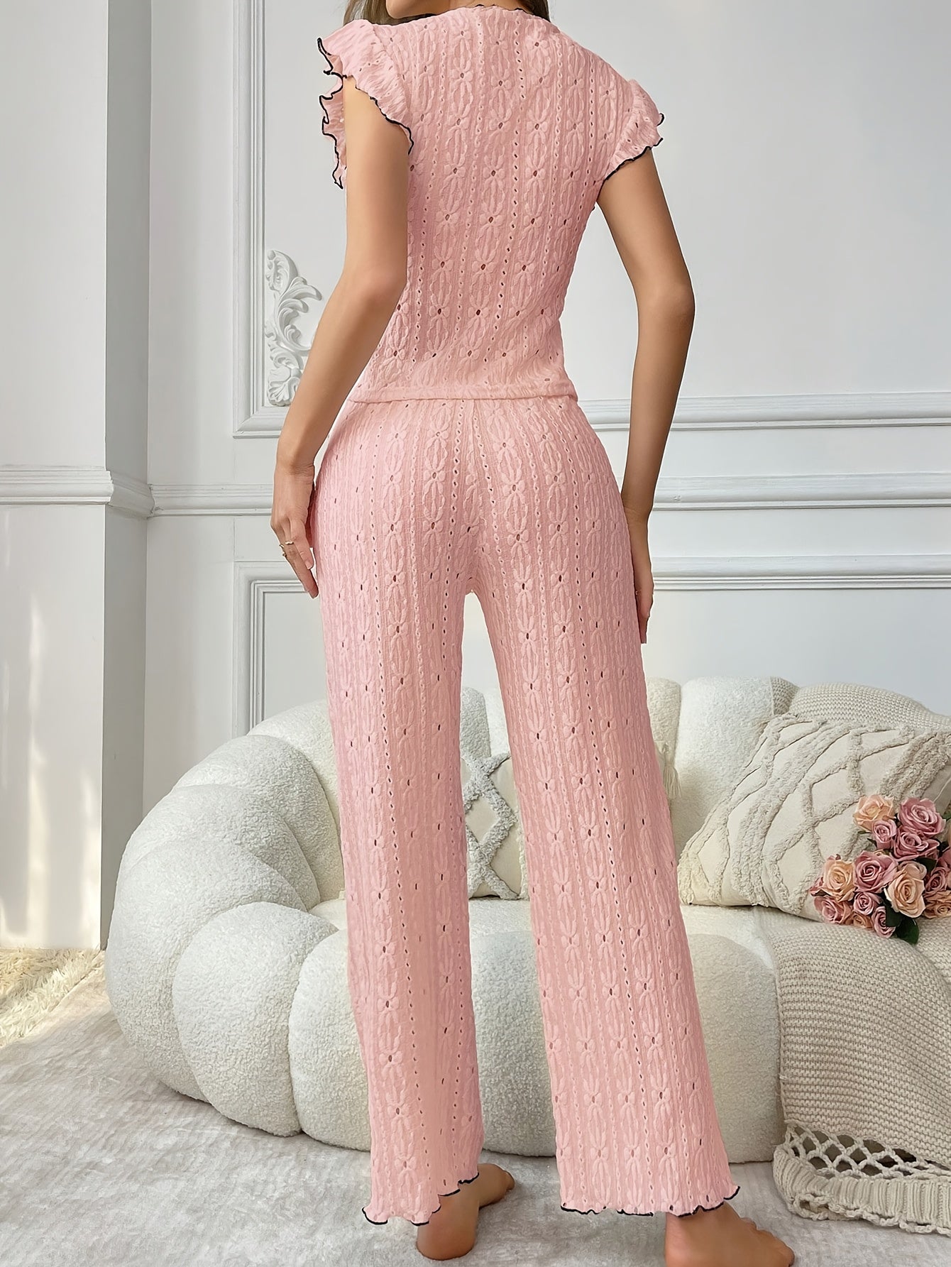 Elegant Women'S Lace Hollow Pajama Set with Contrast Trim and Bow Detail - Short Sleeve, Round Neck, Summer Sleepwear for Adults, Comfortable Polyester Blend, Perfect for Relaxing at Home, Summer Sleepwear | Contrast Trim Des