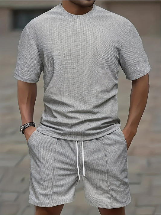 European and American Style Men's Basic Solid Color Set Round Neck Short Sleeve T-Shirt + Shorts Two-Piece Suit