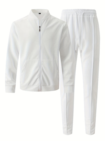 Baseball Collar Jacket and Pants Set in Waffle Fabric
