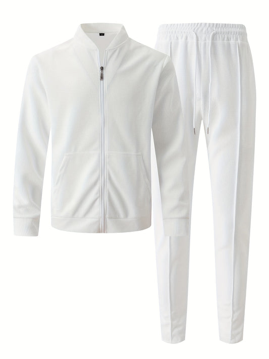 Baseball Collar Jacket and Pants Set in Waffle Fabric