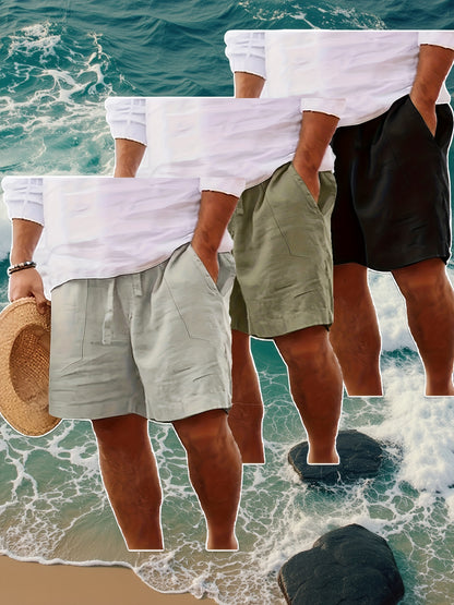 Men's Summer Cotton Drawstring Elastic Waist Straight-Leg Solid Color Breathable Casual Beach Shorts - 3pcs