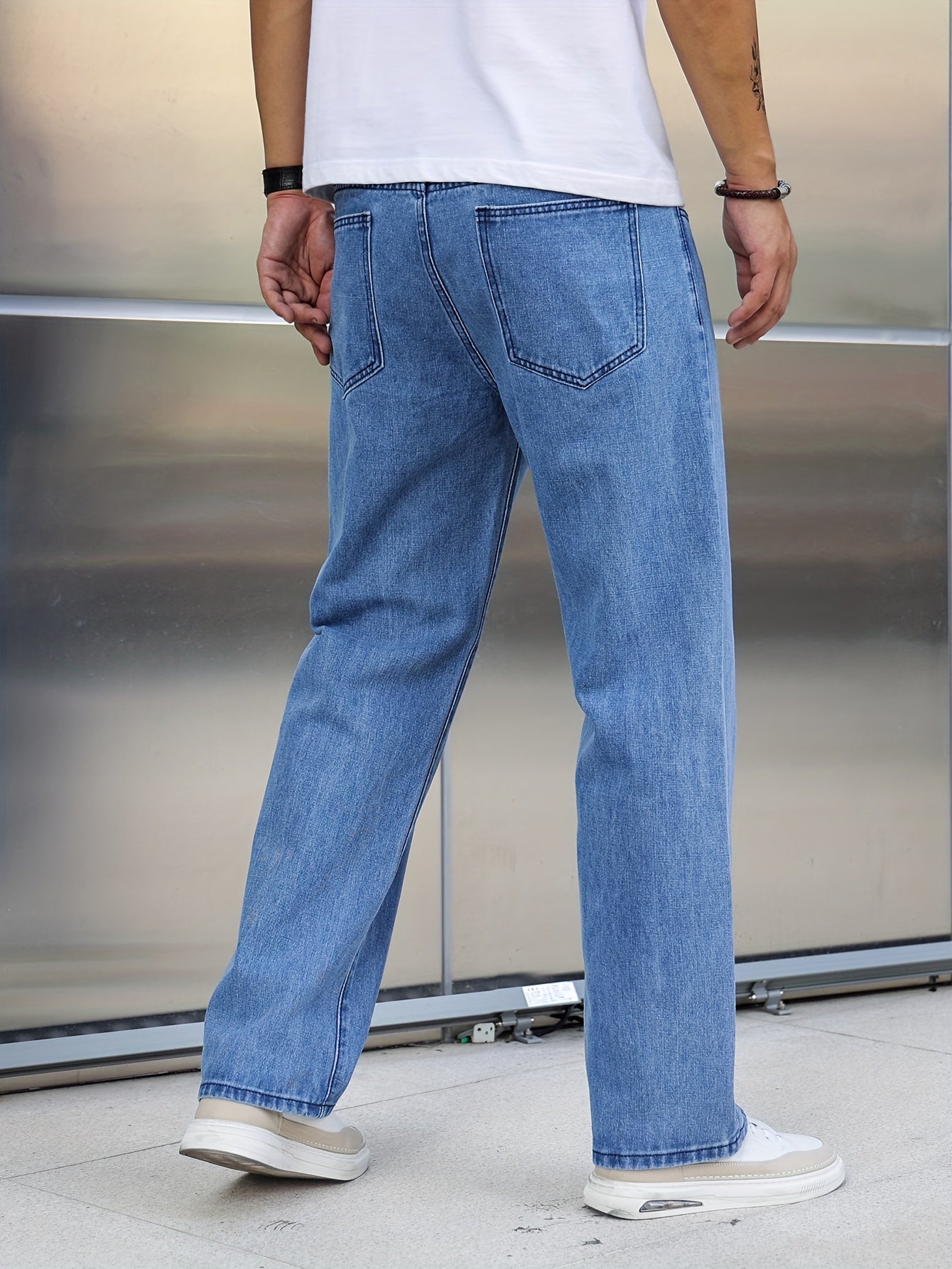 Loose Cotton Blend Men's Solid Wide Leg Pants, Men's Casual Denim Pants, All Seasons
