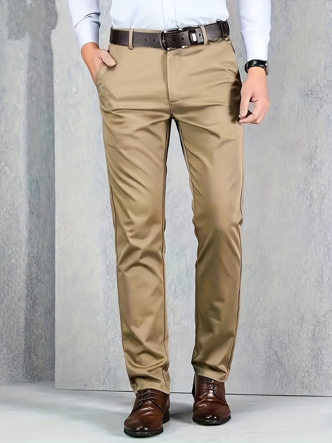 [Durable Build] Men's All-Season Casual Dress Pants - Business Style Stretch Trousers, Comfortable Classic Design, Light Brown Polyester Blend, Machine Washable, Smooth Finish, Regular Fit for Office or Leisure Wear