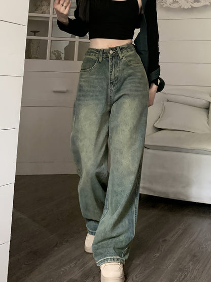 Women's Fashion Wide Leg Jeans, Casual High-Waisted Denim Pants with Pockets, All-Season Solid Color, Comfortable Slimming Design, 54.10% 35.10% Polyester 9.50% Viscose 1.30% Elastane
