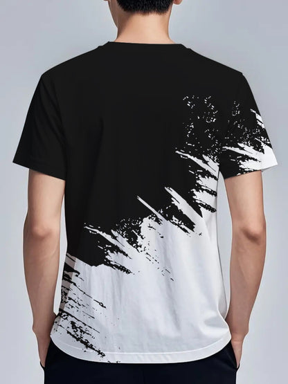 Men's Short-Sleeve T-Shirt with Bold Black & White Mountain Graphic Print - Breathable Summer Casual Tee, Regular Fit Round Neck, Hand Wash Only, Leisure Clothing, Modern Tee, Nontransparent Fabric, Daily Outfit, Creative Pat