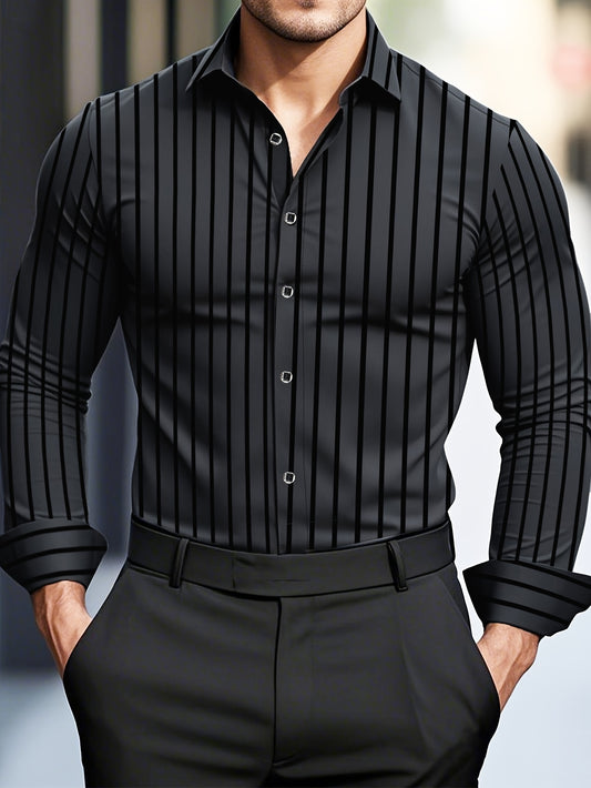 Men's Slim-Fit Striped Long Sleeve Shirt - Polyester, Machine Washable, Business Casual Style for Spring/Fall, 1856 Print, Hexagon Collar