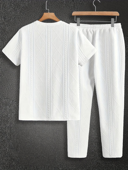 Men'S Textured Round Neck Short Sleeve Pullover & Woven Pants Pajama Set - Brown, Casual Home Wear with Drawstring Waist, Summer Comfort, Everyday Pajamas | Casual Style | Comfortable Fit, Pajamas