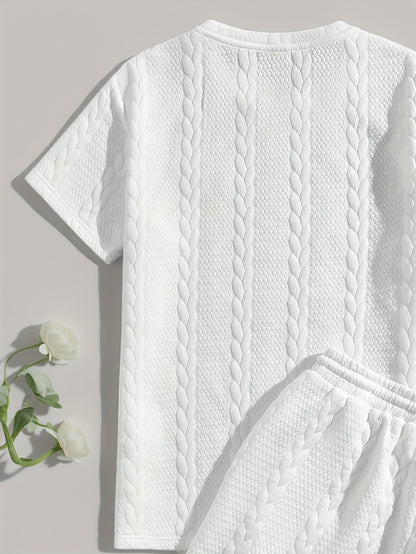 Men'S Casual Short Sleeve T-Shirt and Shorts Set - Knit, Light Gray, Two-Piece, All-Season Comfort, Drawstring Waist, Casual Style, Allseason Comfortwear | Casual Style Set | Knit Texture, Thick