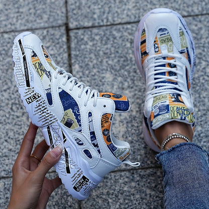 Men'S & Women'S Graffiti Couple Sneakers, All-Season Lightweight Cushioned Running Shoes, Stability Pronation, Cartoon Pattern, MD Sole, EVA Insole, Polyurethane Upper, Fabric Lining