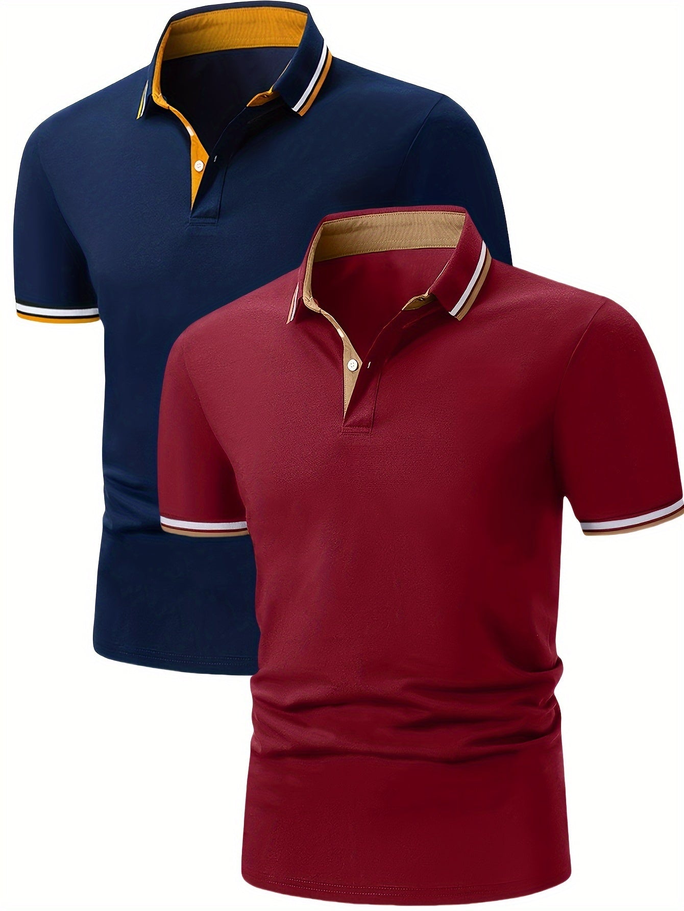 2pcs Men's Short-Sleeve Shirts with Contrast Collars - Lightweight Polyester, Pastel Blue & Pink, Turn- Collar, Button Closure, Regular Fit, Casual & Business-Casual Wear, Ideal for Summer or Gifting, Short Sleeve Tops