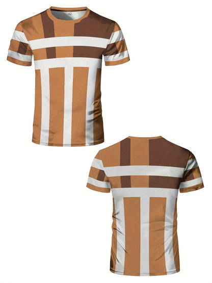 Striped Patchwork Design Pattern Print, Men'S Sports Fashion, Geometric Print High Elasticity Tight Fit Short Sleeved Round Neck T-Shirt, Summer Fitness, Training And Fitness Wear Quick Drying Sports Top with Coolness