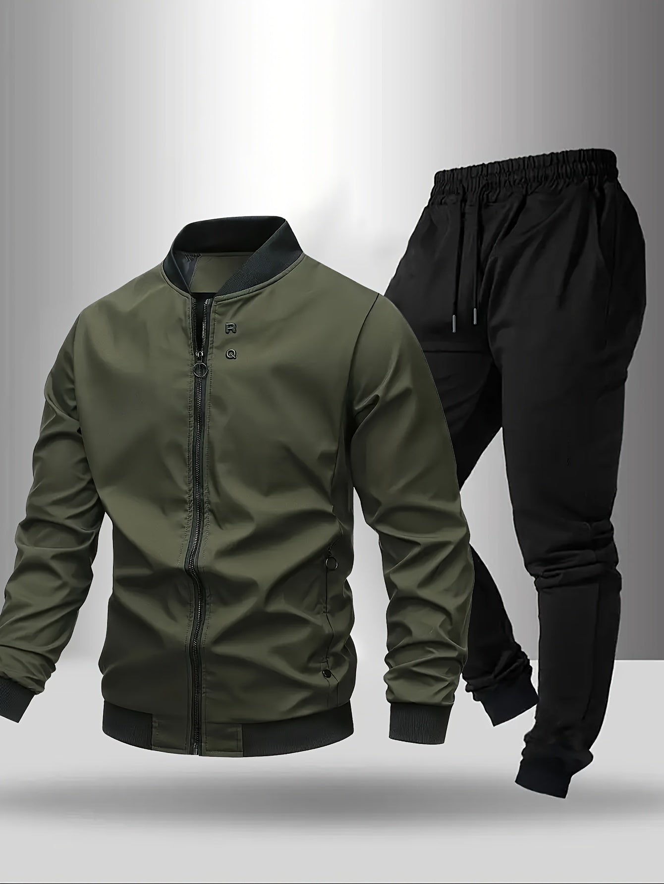 Men'S Casual Two-Piece Athletic Set - Black Baseball Collar Jacket with Zipper, Elastic Waistband Pants, Regular Fit for Spring/Fall, Spring Outerwear | Sporty Casualwear | Zippered Jacket