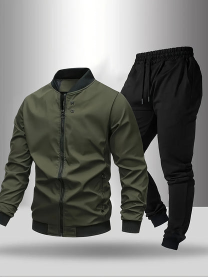 Men'S Casual Two-Piece Athletic Set - Black Baseball Collar Jacket with Zipper, Elastic Waistband Pants, Regular Fit for Spring/Fall, Spring Outerwear | Sporty Casualwear | Zippered Jacket