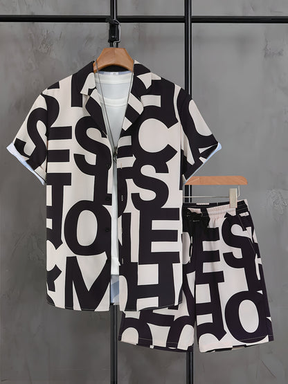 Men's Suit with Black and White Letter Print, Short Sleeve, Open Collar Shirt and Shorts, Casual Set
