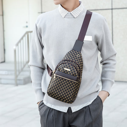 Men's Stylish Geometric Print Sling Bag - Black & White Crossbody Chest Pack with Golden-Tone Zippers, Compact Travel & Everyday Commute Backpack, Modern Accessory | Textured Finish, Crossbody Bag