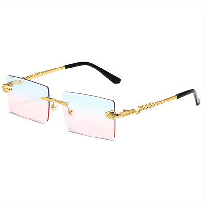 Vintage Style Square Rimless Glasses with Snake Design, Zinc Alloy Frame, Black Lenses, ENSARJOE