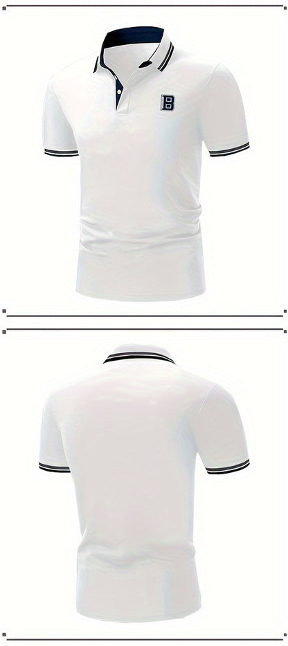 Men's Trendy Simple Letter Print Color Block Short Sleeve Button Up Lapel Shirt For Summer Daily, Golf Shirt