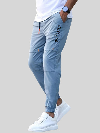 Men'S Casual Drawstring Joggers, 100% Polyester Non-Stretch Woven Fabric, All-Season Regular Fit Trousers with Alphabet Print Detail, Fashionable Workwear Style