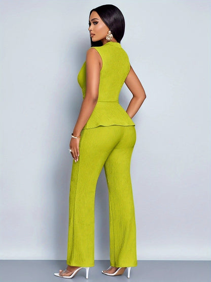 Elegant Women'S Two-Piece Set, Sleeveless V-Neck Top & Wide-Leg Pants, Solid Color, Asymmetrical Design, All-Season Casual Wear, Casual Attire | Asymmetrical Top | Wideleg Pants