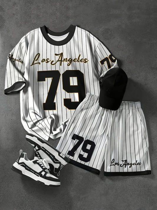 Men'S Casual T-Shirt & Shorts Set - Los Angeles 79 Graphic, Green & White Striped Design, Comfortable Polyester Knit for Summer Outdoor Sports, Perfect Gift for Sports Fans, Sports Fan Apparel | Sporty Casual Wear | Durable S