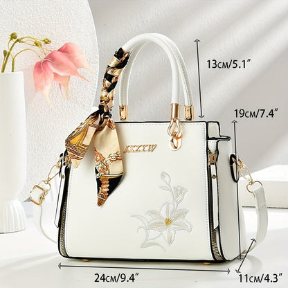 JXZYW Women'S Floral Embossed Large Capacity Tote Bag - Stylish White Shoulder Handbag with Golden-Tone Hardware, Black Handles & Floral Design for Commuting, Shopping, and Casual Outings, Versatile Carryall, Sophisticated Ac