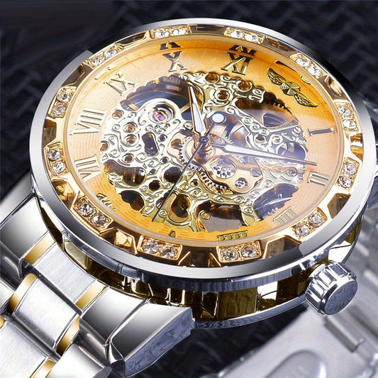 Fashion Classic Roma Watch Men Luxury Golden Skeleton Mechanical Hand Watches Casual Business Wristwatches Men Blue & Golden Accents, Casual Yet Versatile, Best Seller, Ideal Gift, Mechanical Movement, Watch Accessories, With
