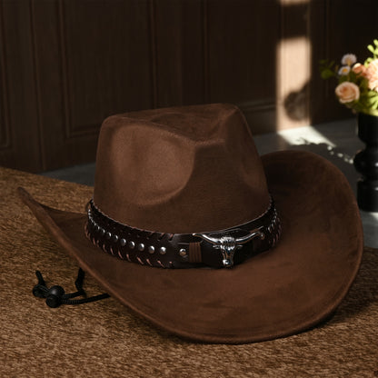 Western Cowboy Hats for Men And Women, Classic Faux Suede with Metal Studs And Bull Pattern, Lightweight Unisex Festival Occasion Hat, Woven Inelastic Polyester with Decorative Accessories, No Feather, Non-Washable