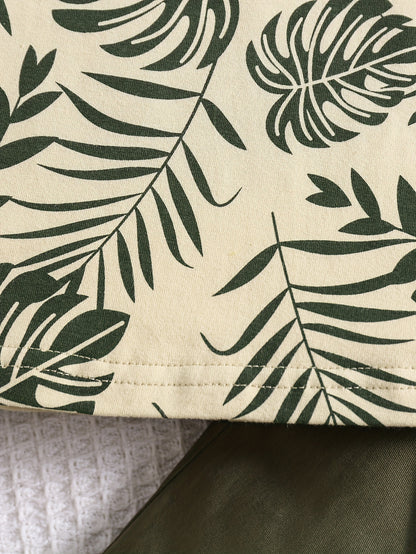 Boys' Tropical Leaf Print Cotton Blend Casual Outfit - Short Sleeve Tee & Drawstring Shorts Set, Machine Washable for Spring/Summer, Perfect for Outdoor