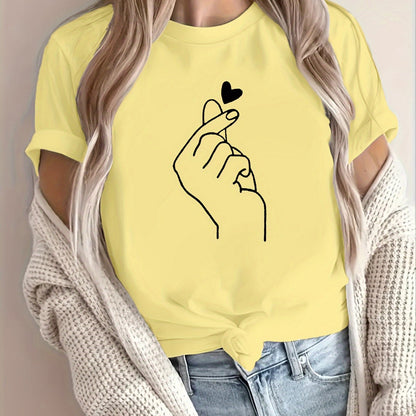 Finger Heart Print T-Shirt, Short Sleeve Crew Neck Casual Top For Summer & Spring, Women's Clothing