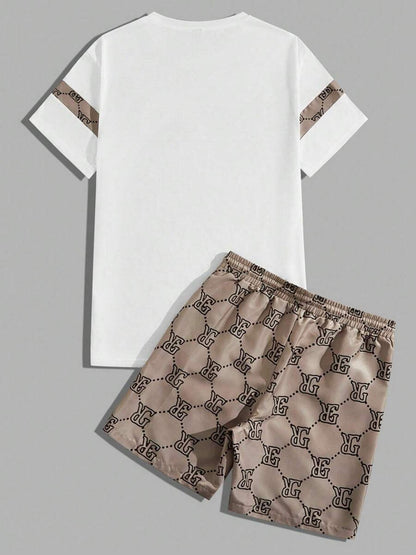 Men's fashionable casual T-shirt set- Checkered print design, round neck, short sleeve and shorts combination, fashionable and casual, two-piece set for summer daily wear