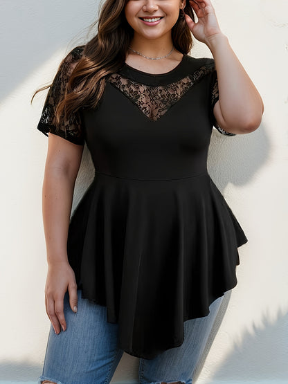 Plus Size Lace Splicing Crew Neck T-shirt, Elegant Short Sleeve Hanky Hem Top For Spring & Summer, Women's Plus Size Clothing