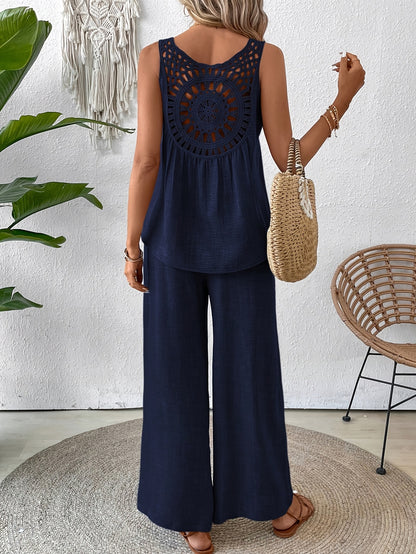 Women'S Summer Backless Cut-Out Panel Tank Top + Wide Leg Pants Set - Casual, Simple, Sleeveless, Polyester, Light Beige, Perfect for Spring/Summer, Casual Attire|Backless Top|Polyester Fabri