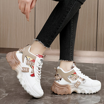 Women's Breathable Lightweight Running Shoes - Trendy Color Block Design with "NO Fear Limits" Print, Casual Athletic Sneakers, Lace-Up Closure, Beige & Red Upper, Rubber Sole, All-Season Wear, Ladies Sneakers, Sporty Lifesty
