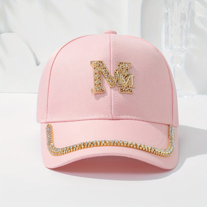 Women's Fashion Patch Baseball Cap With Metallic "M" Initial, Rhinestone Accents, Adjustable Snapback Cps, Wide Brim Sun Hats