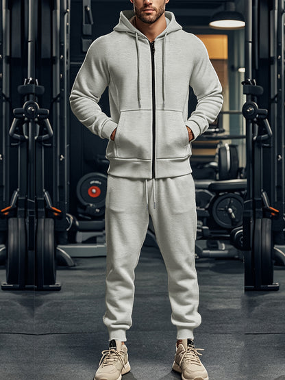 2pcs Men's Solid Color Hooded Long Sleeve Sweatshirt + Pants Set, Casual Co-ord Sports Fitness Set