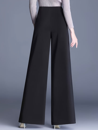 Women'S High-Waist Wide Leg Pants, Casual Solid Color Polyester Blend (94% Polyester, 6% Elastane), All-Season Straight Leg Trousers with Double Button Detail, Zipper Fly Closure, 200g/m² Woven Fabric, Perfect for Going Out