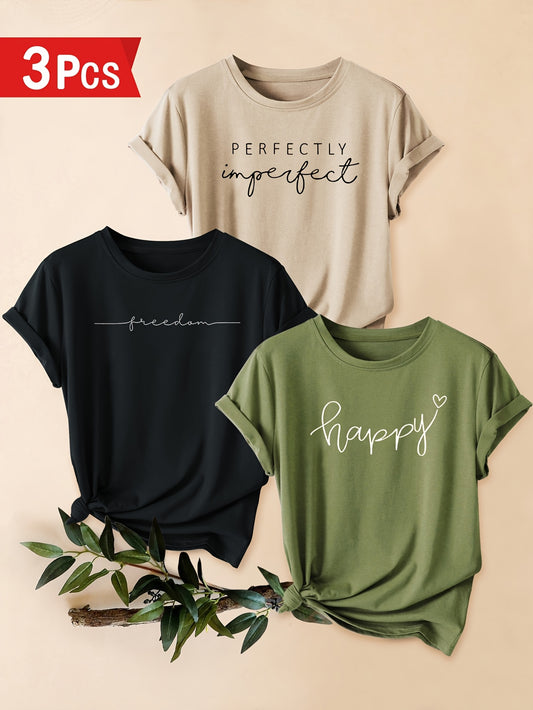 3pcs Women'S Vintage-Inspired T-Shirts with "Happy" & "Freedom" Prints - Casual Short Sleeve Crew Neck Tees in Red, Black, & White - Soft Stretchy Fabric for Spring/Summer/Fall - Perfect for Casual Attire, Versatile Clothing