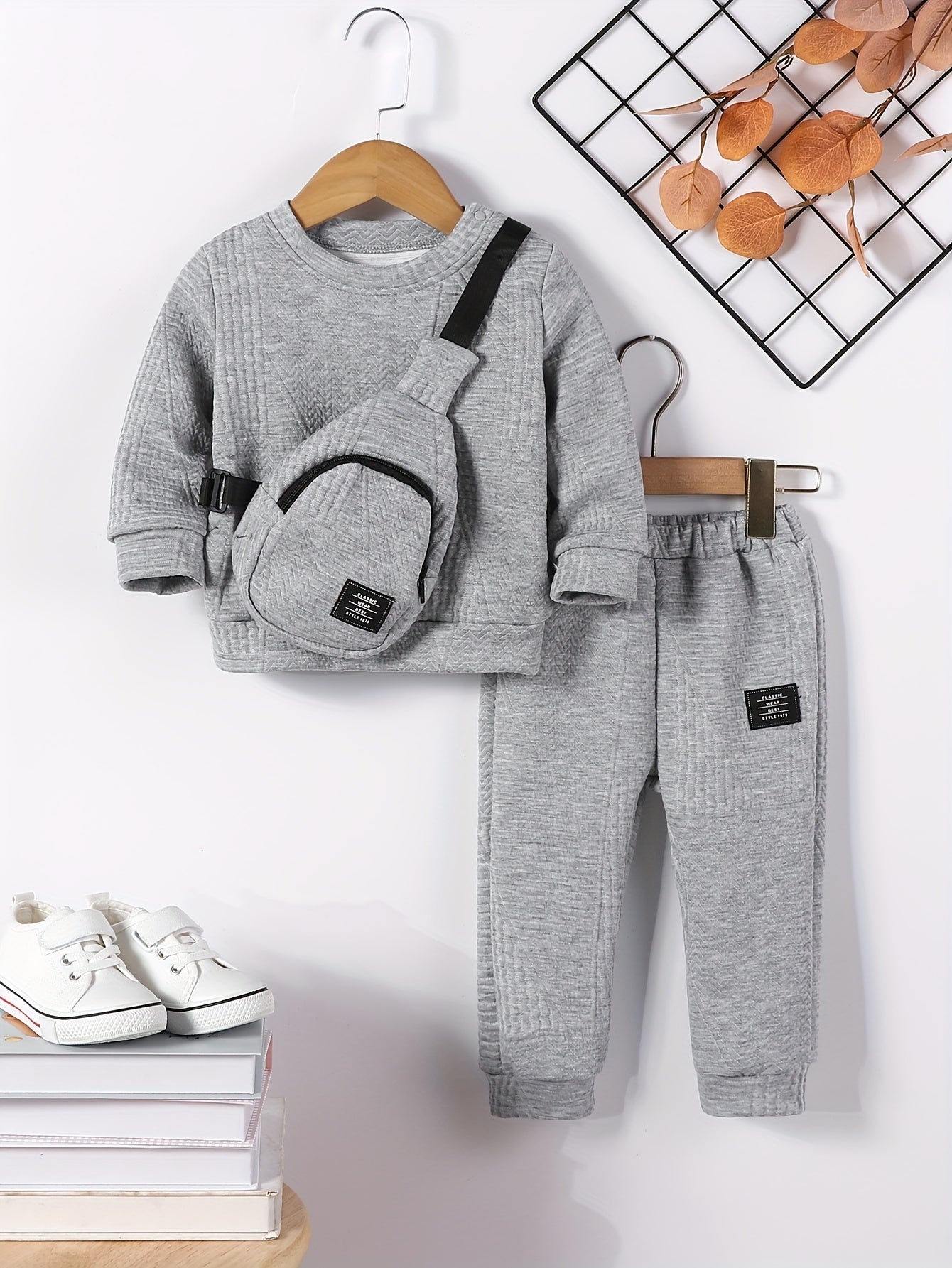 3pcs Set for Boys: New Autumn Shoulder Button Plain Round Neck Sweater, Trousers and Crossbody Bag, Casual and Fashionable Three-piece Set